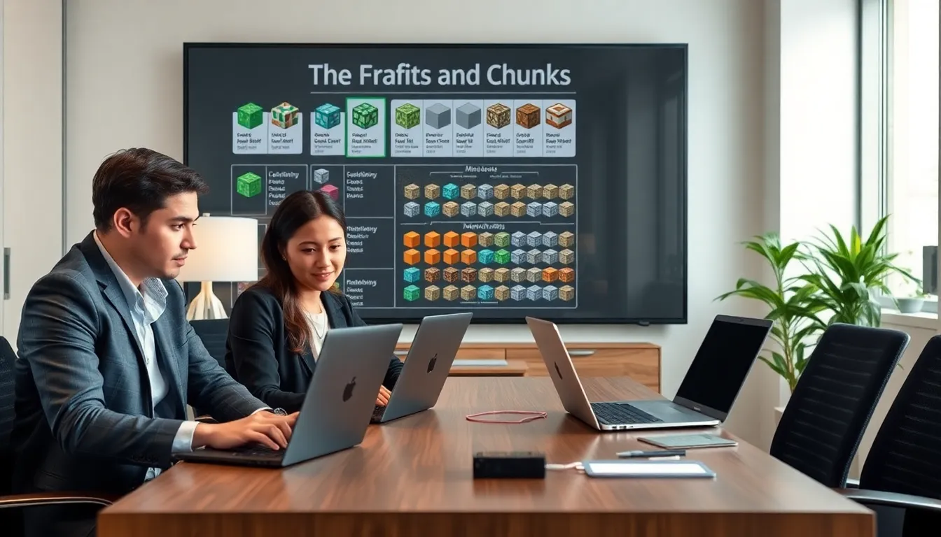 diverse team analyzing Minecraft structure in a modern office.