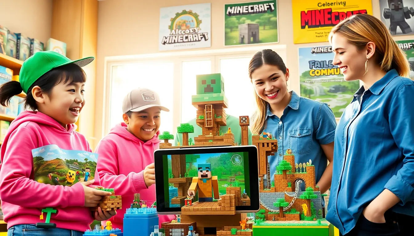 a diverse group of players collaborating on Minecraft builds.