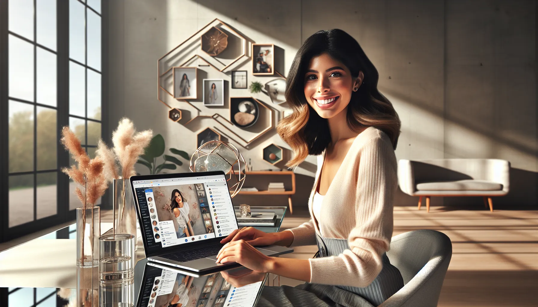 influencer in a modern workspace, showcasing personal brand and style.