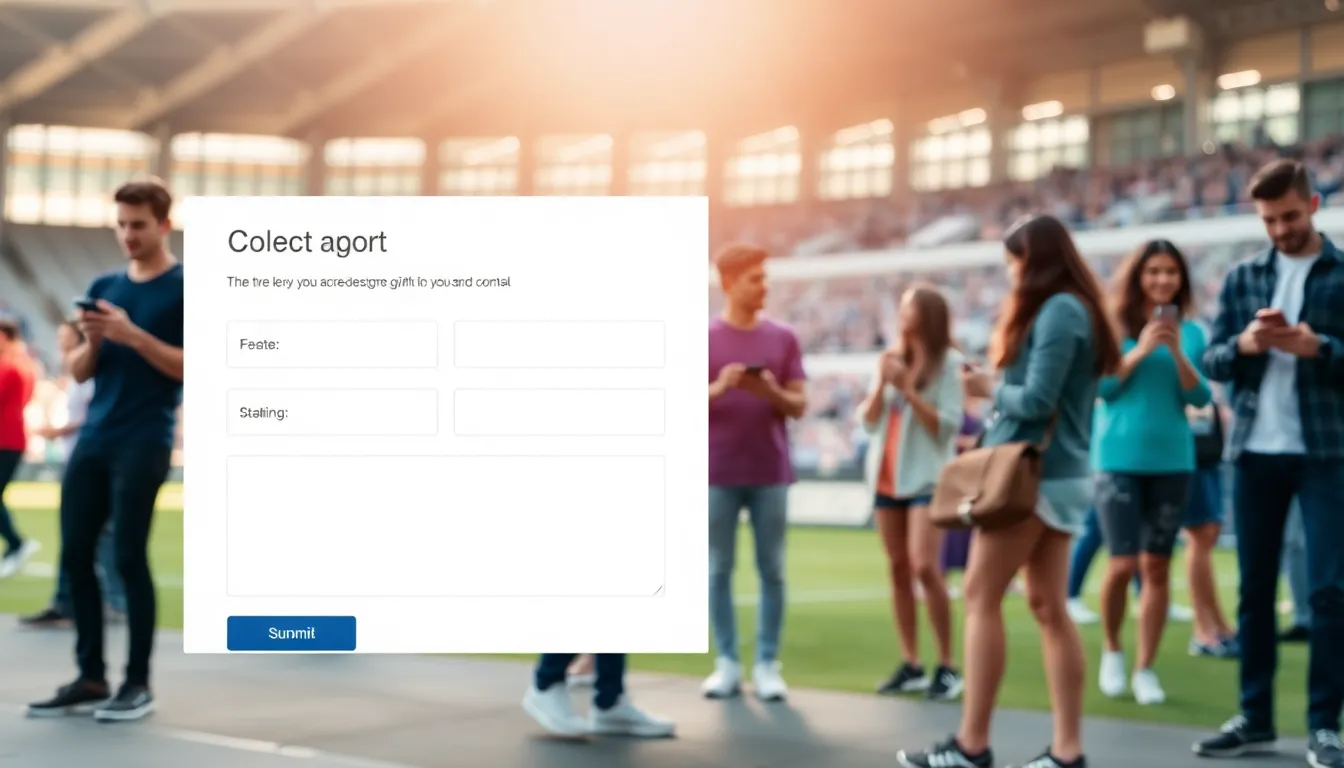 a modern contact form displayed against a blurred sports event backdrop.