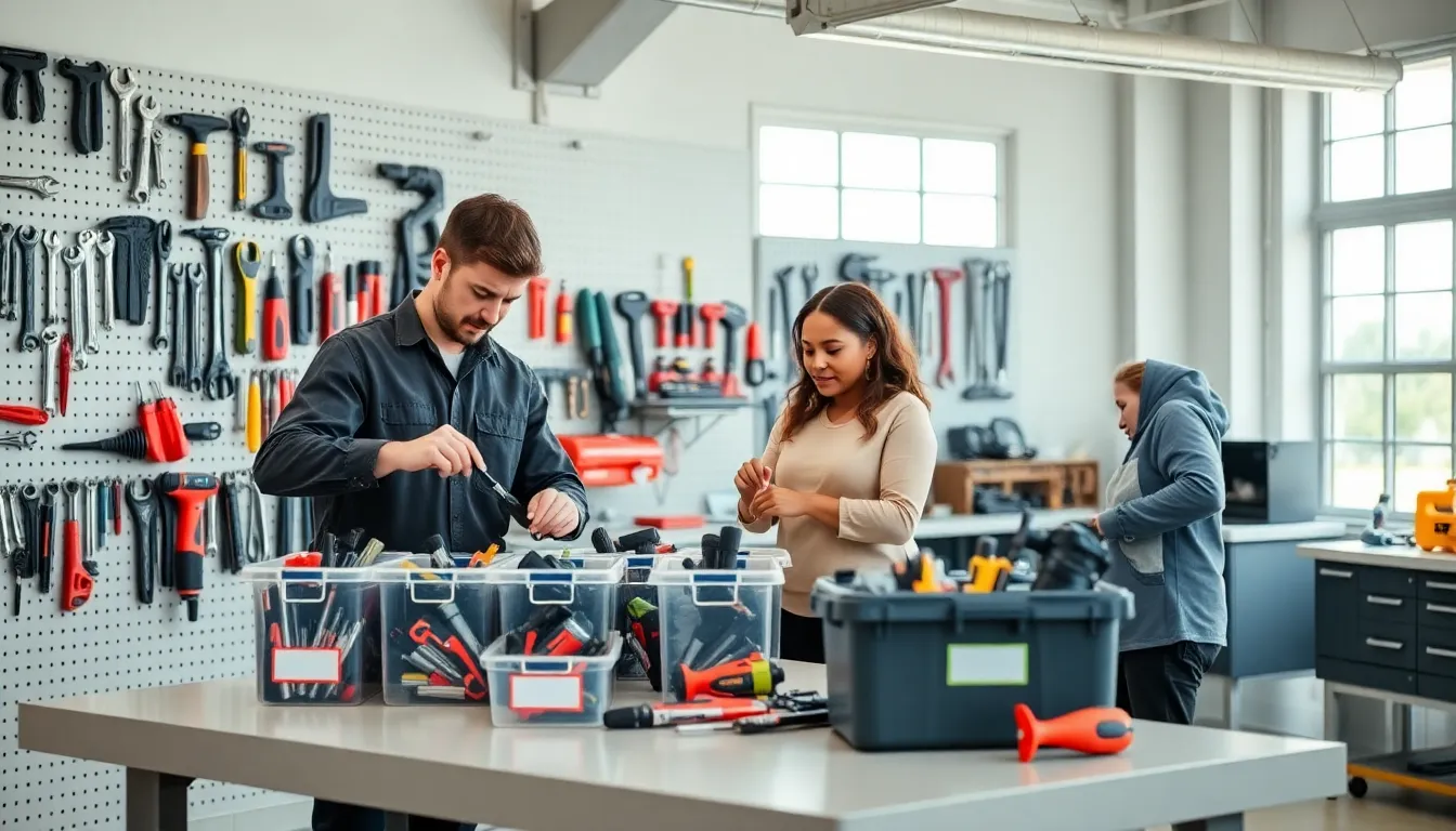 diverse team organizing tools in a tidy modern workshop.