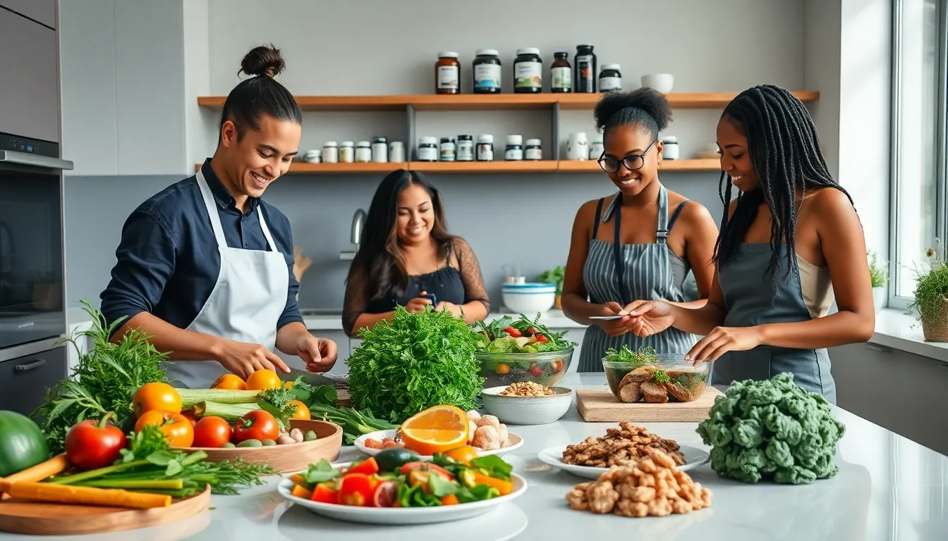 diverse group preparing plant-based dishes in a modern kitchen.