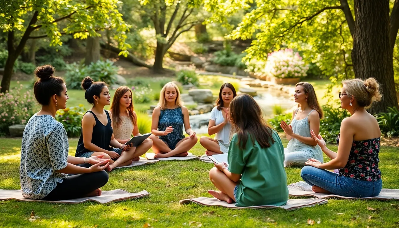 diverse women practicing mindfulness in a serene outdoor retreat.