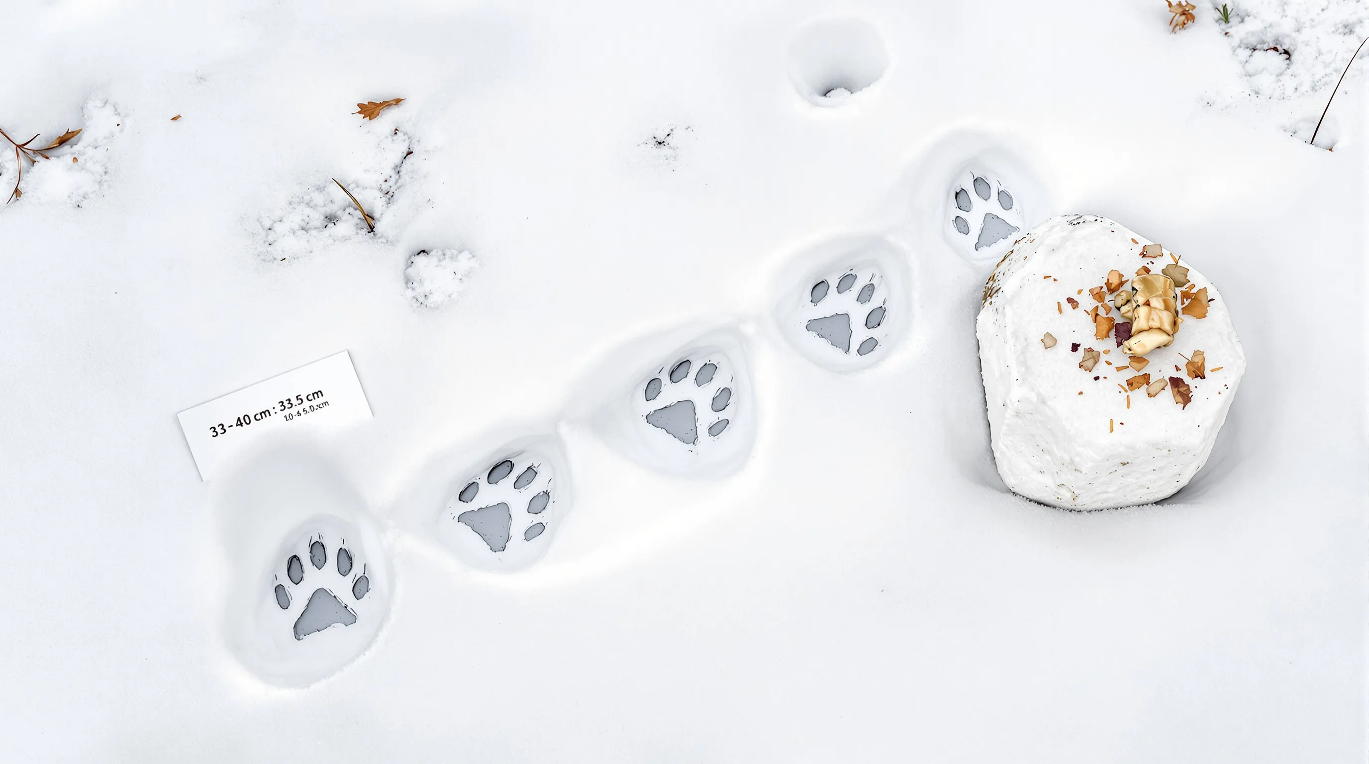 Red fox tracks and scat measured in a Croatian winter woodland.