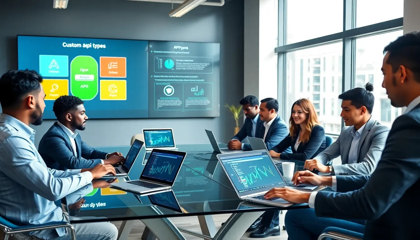 diverse team discussing custom API integrations in a modern office.
