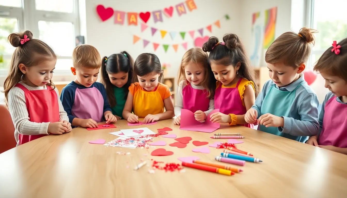 children working on Valentine's Day crafts in a bright preschool classroom.