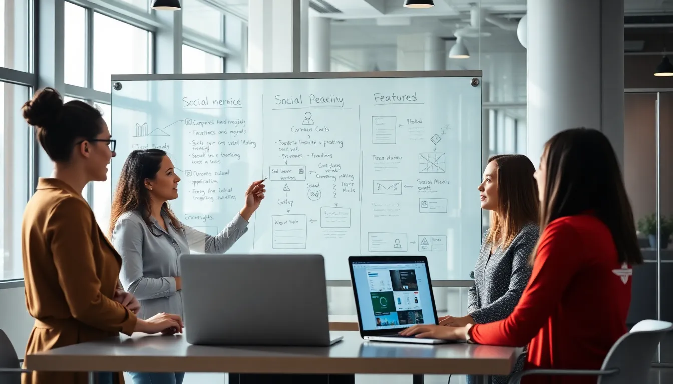 diverse team brainstorming ideas for a social media platform.