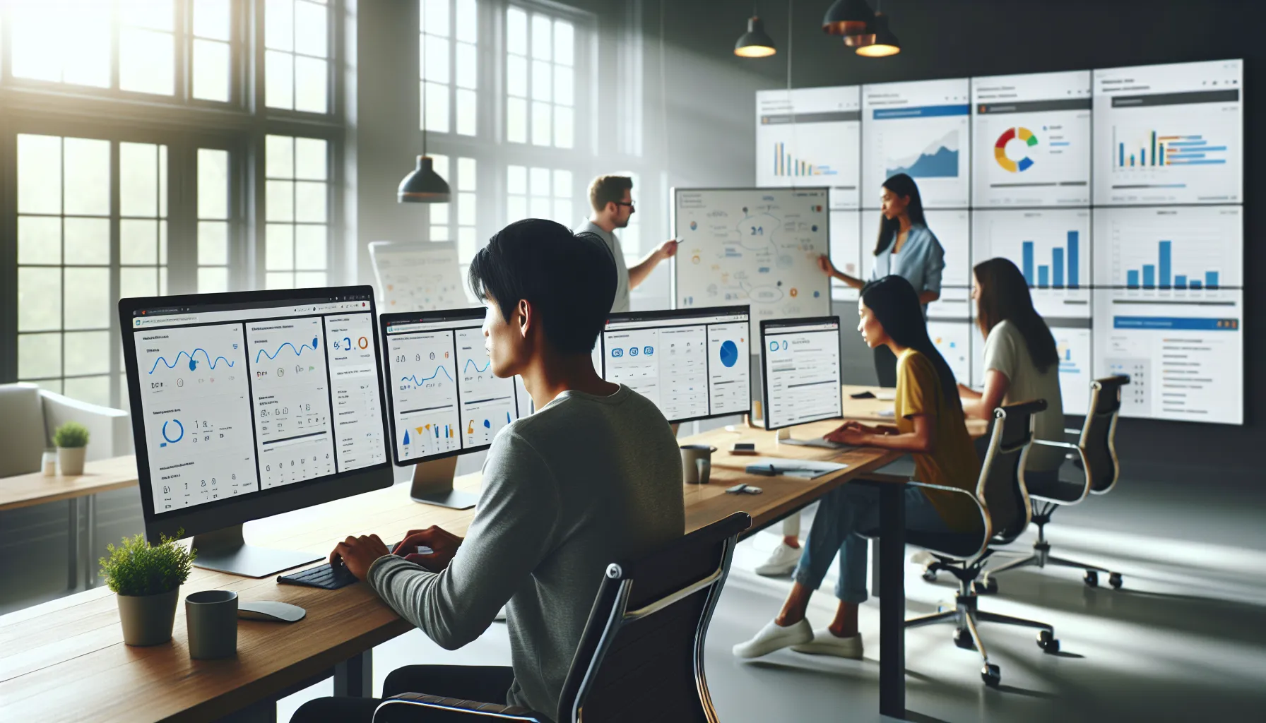 bloggers analyzing data in a modern office setting.