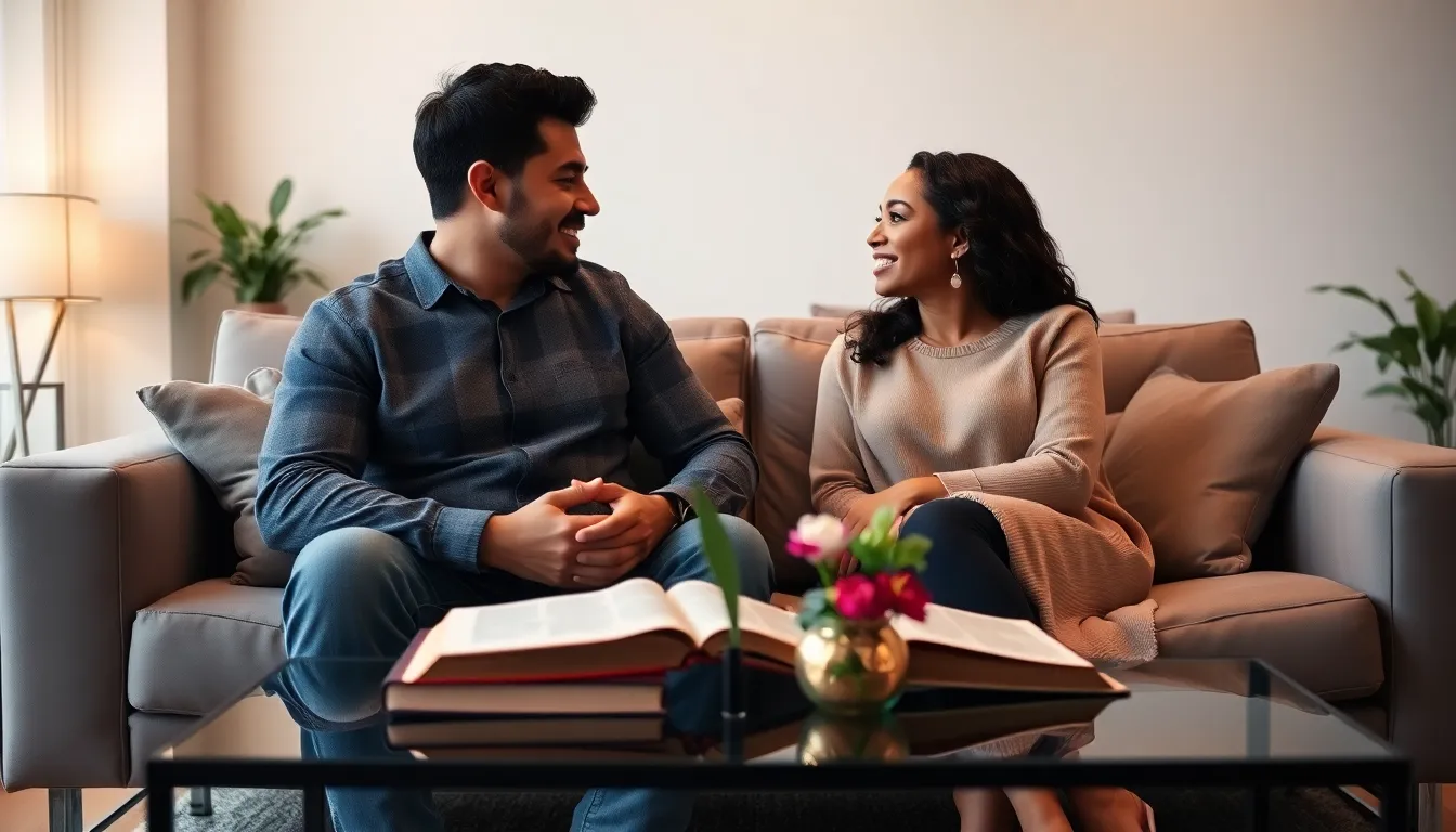 a couple discussing relationship advice in a cozy living room.