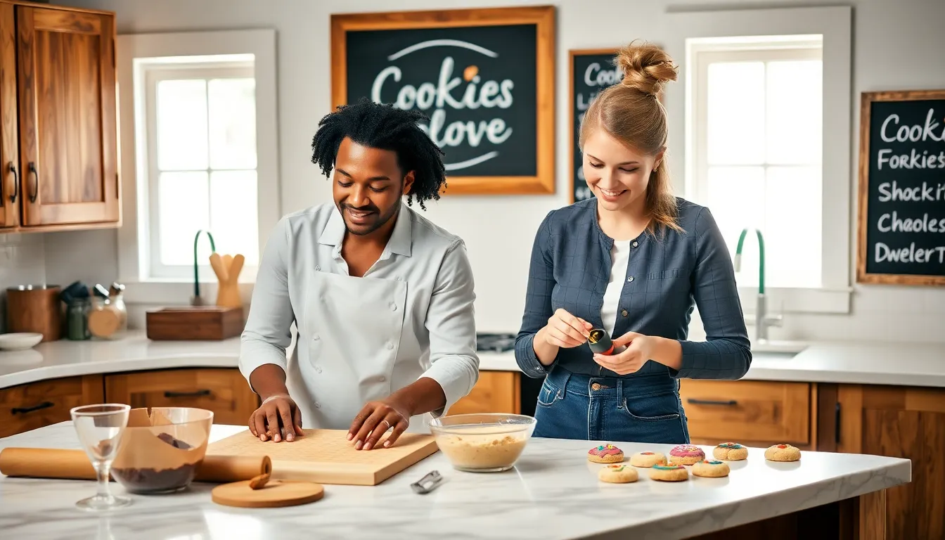diverse team baking cookies in a cozy kitchen setting.