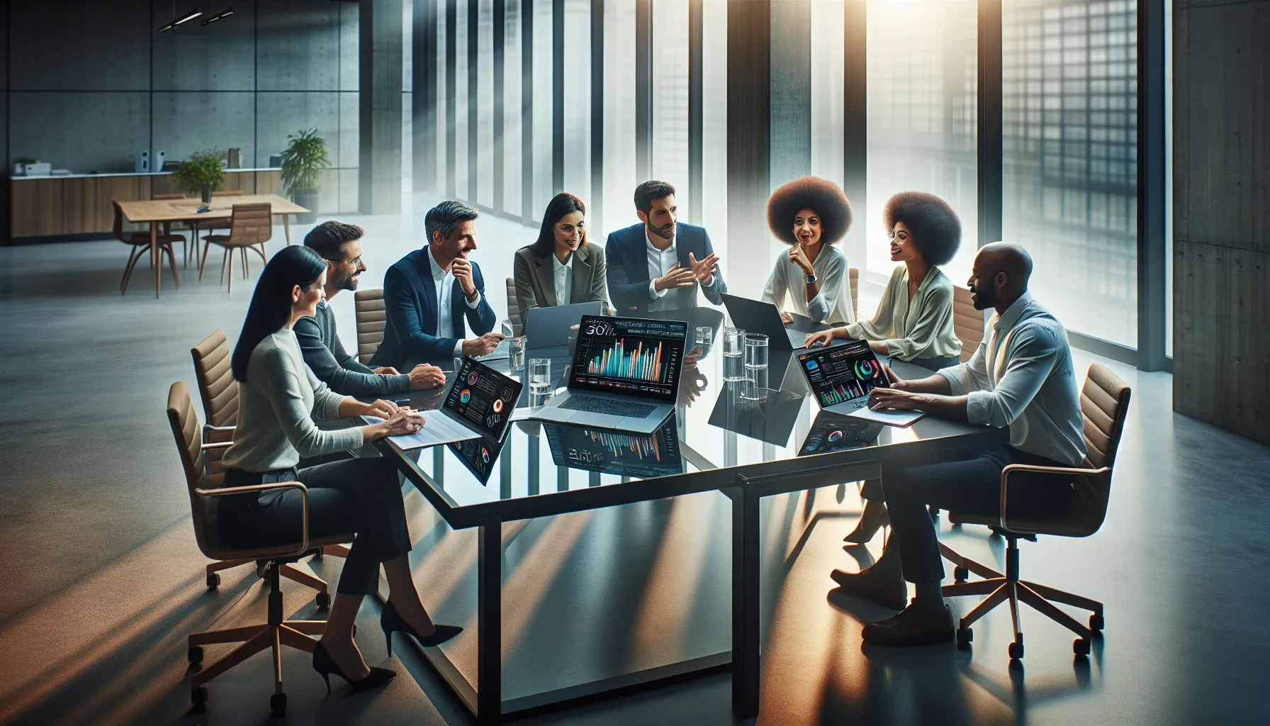 Diverse team discussing analytics in a modern office.