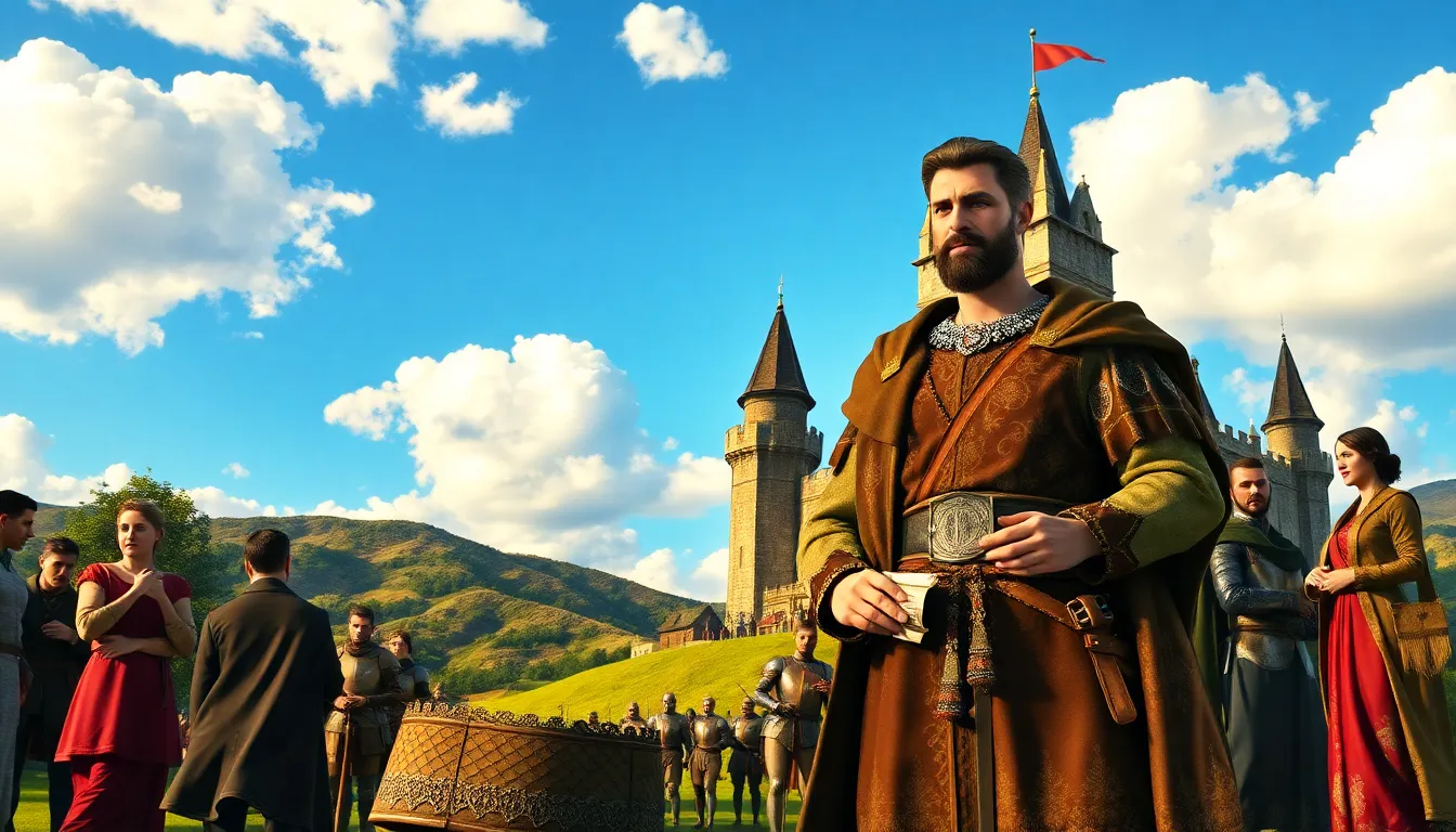a nobleman in medieval attire oversees a bustling castle courtyard.
