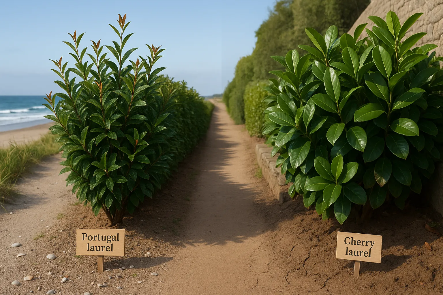 Portugal laurel by the coast and cherry laurel in a sheltered inland garden.