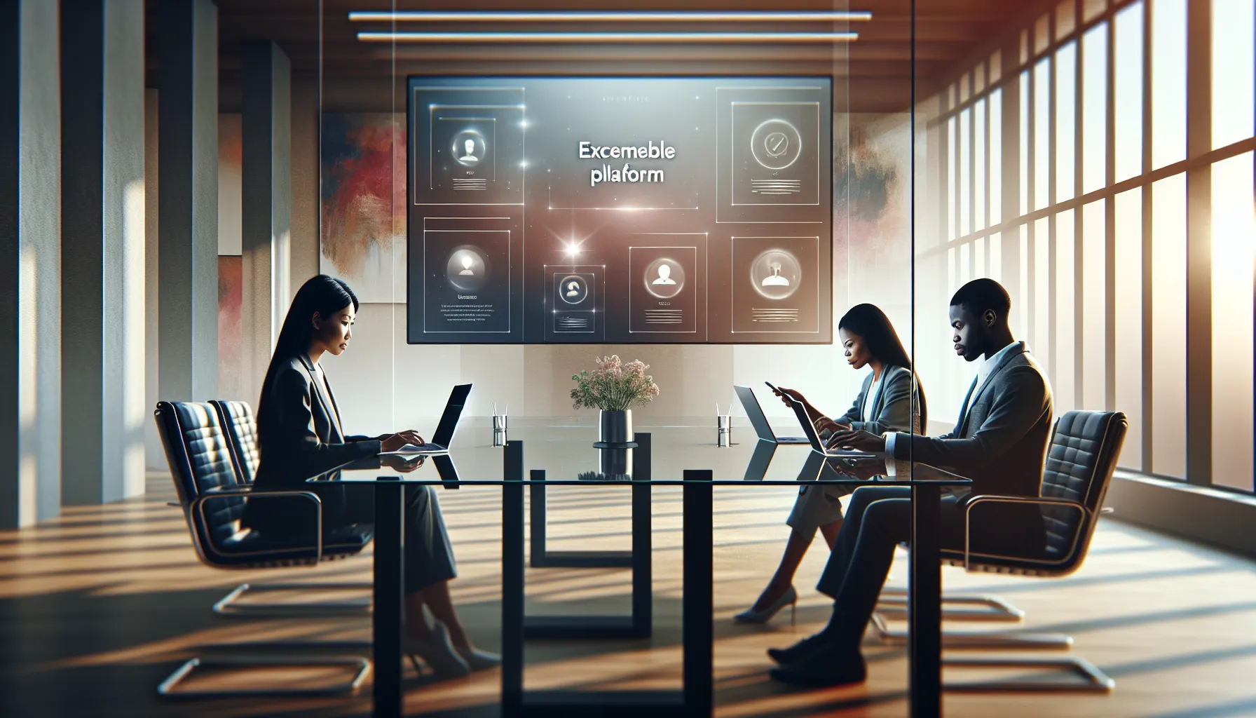diverse team collaborating around a laptop in a professional office.