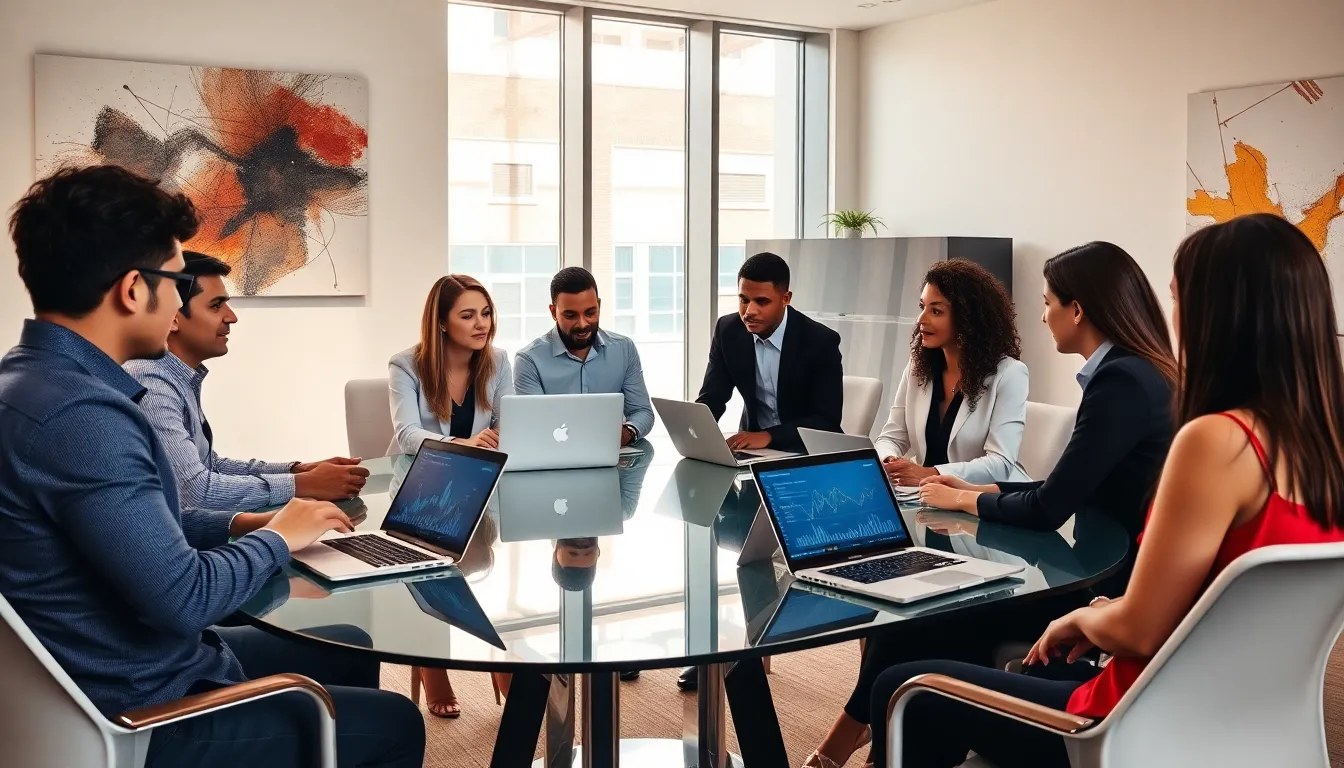 professionals discussing blockchain strategies in a modern office.