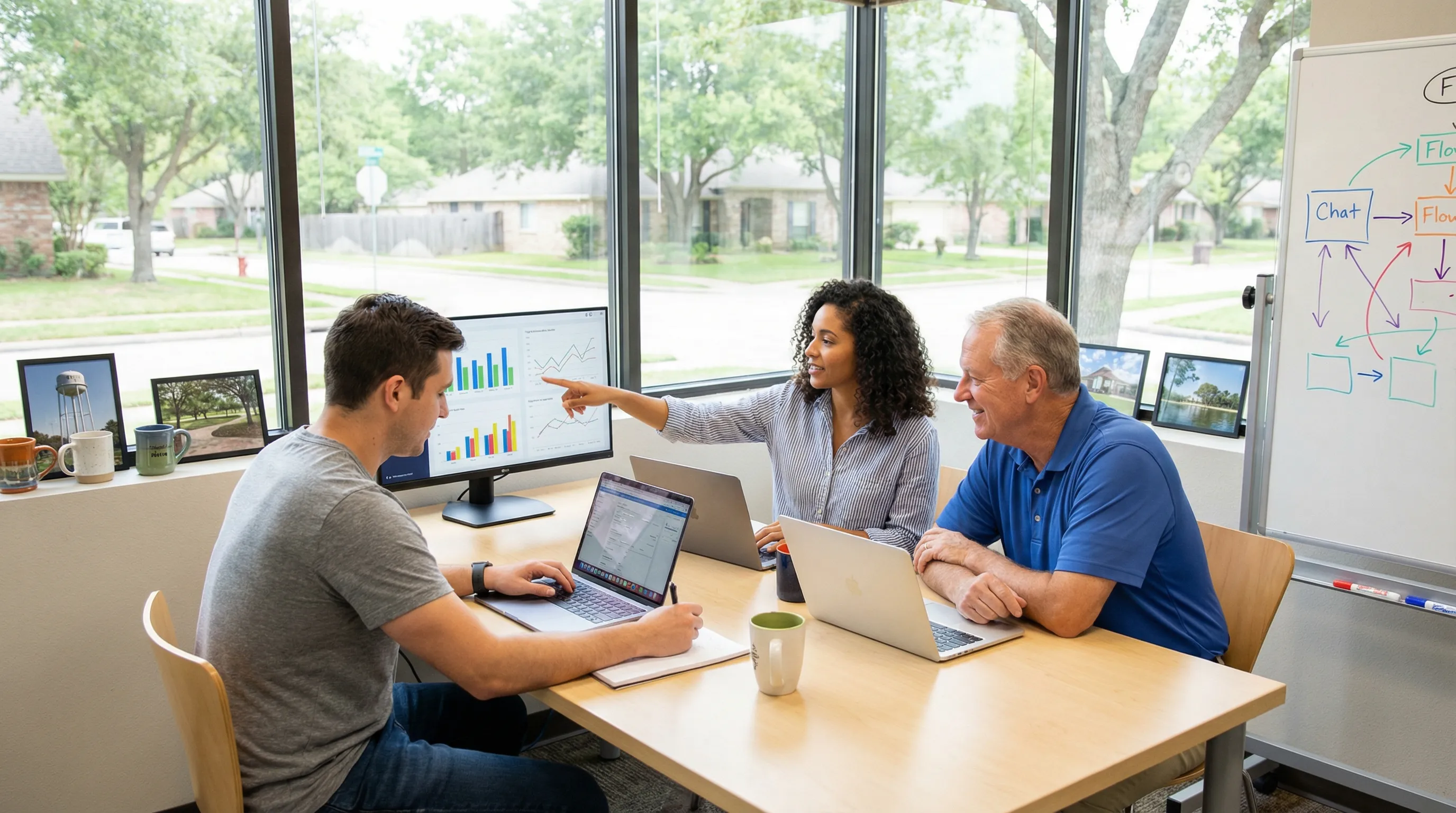 Team of digital marketers in a bright Friendswood office collaborating with a small business owner around laptops and an analytics dashboard, conveying local, data-driven SEO services and a friendly, community-focused atmosphere.