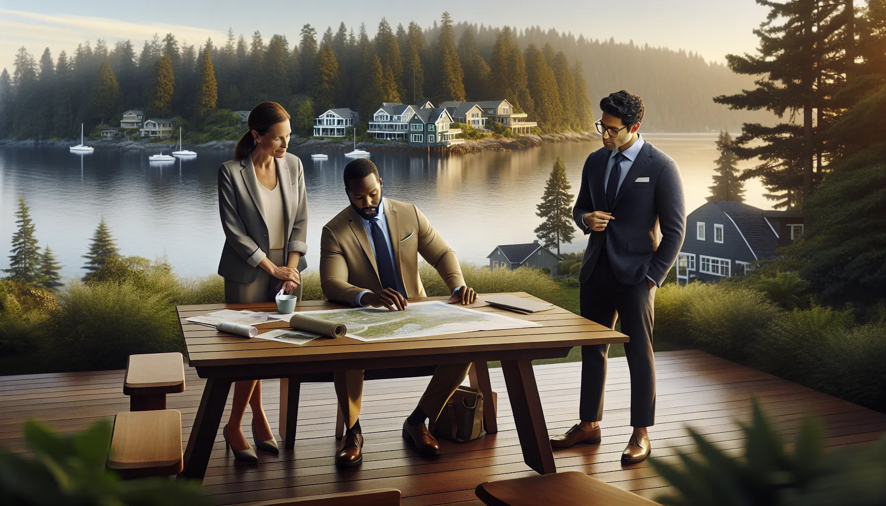 Professionals discussing land opportunities on a picturesque Anderson Island.