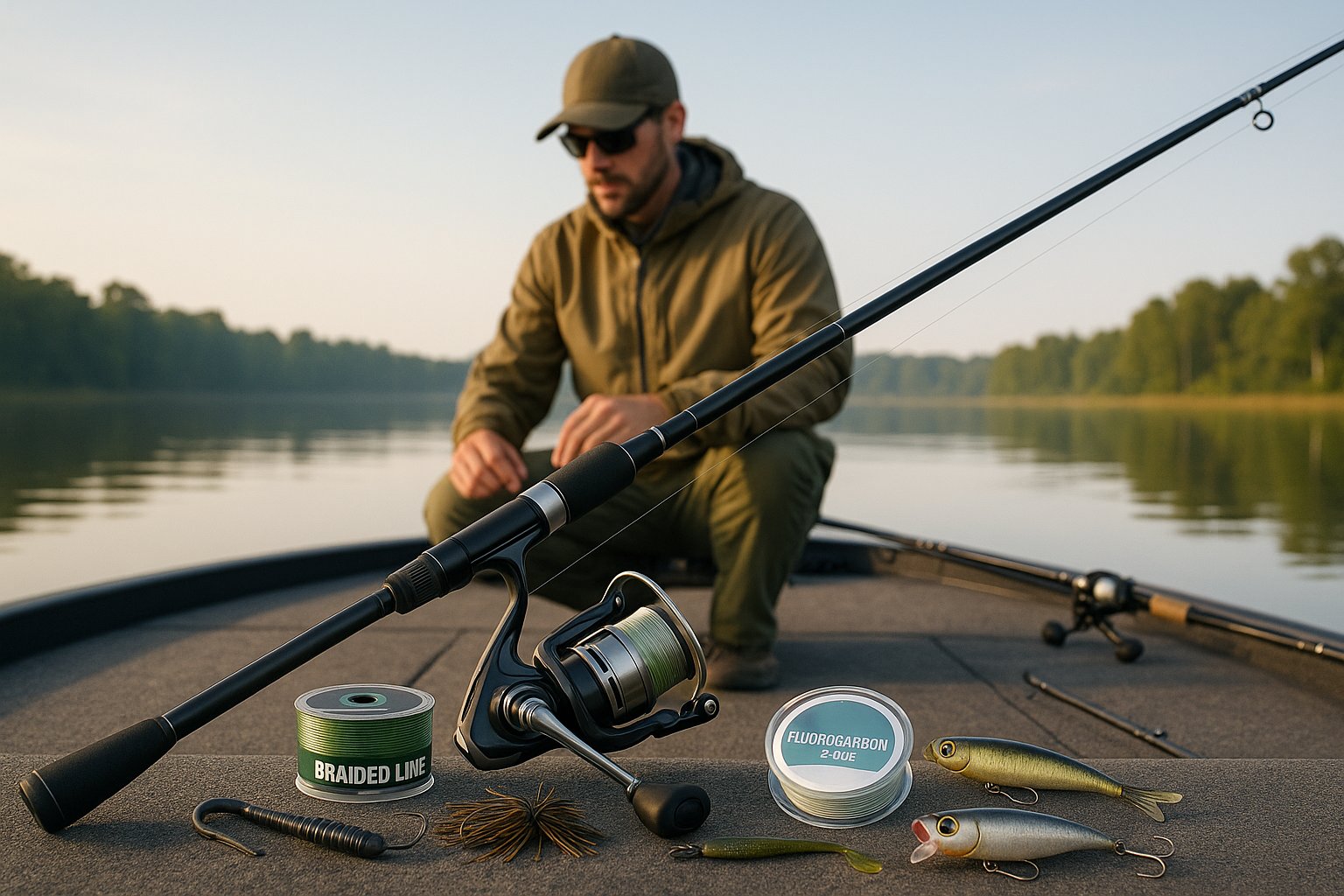 Beginner largemouth bass spinning setup on a boat deck by a lake.