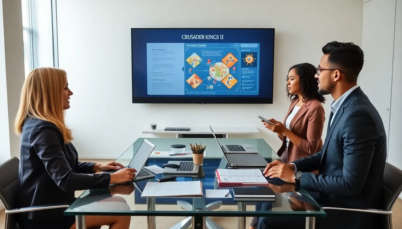 diverse team strategizing over CK2Generator guides in a modern office.