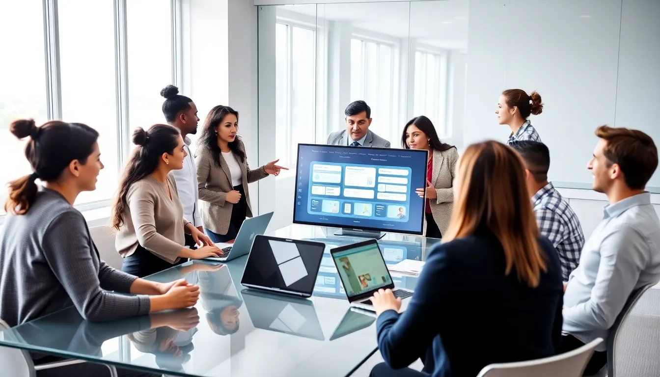 diverse team collaborating on a low-code platform in a modern office.