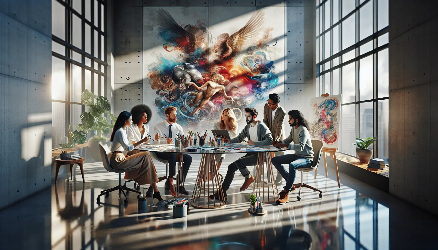 diverse team brainstorming in a creative studio.