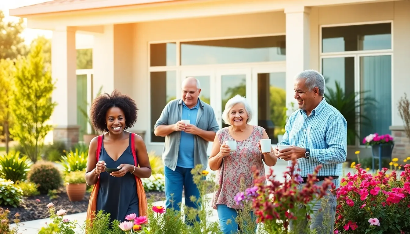 diverse seniors enjoying activities in a modern retirement community.