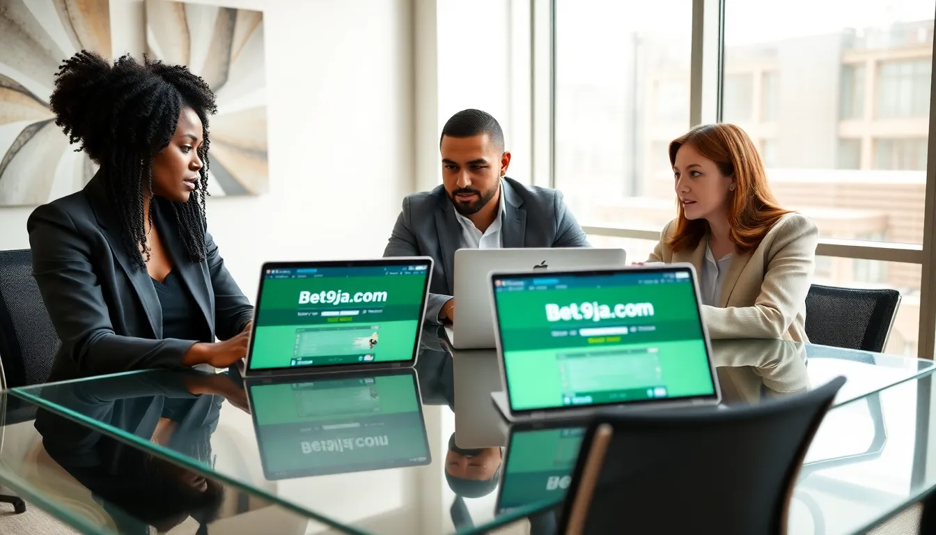 diverse team discussing online betting options in modern office.
