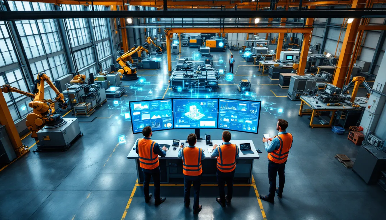 Engineers collaborating with AI analytics in a modern manufacturing facility.