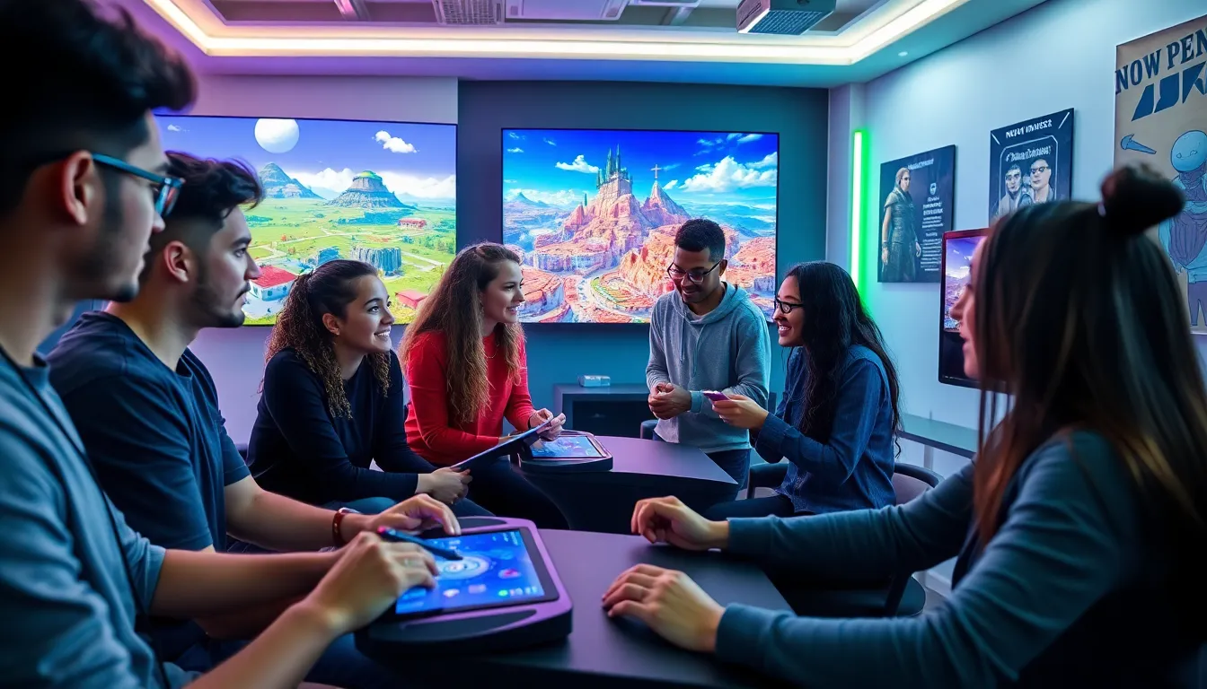 diverse group designing virtual worlds in a modern gaming studio.