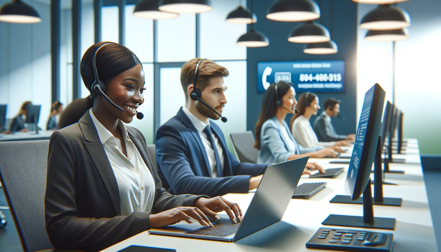 diverse customer service team in a modern call center.