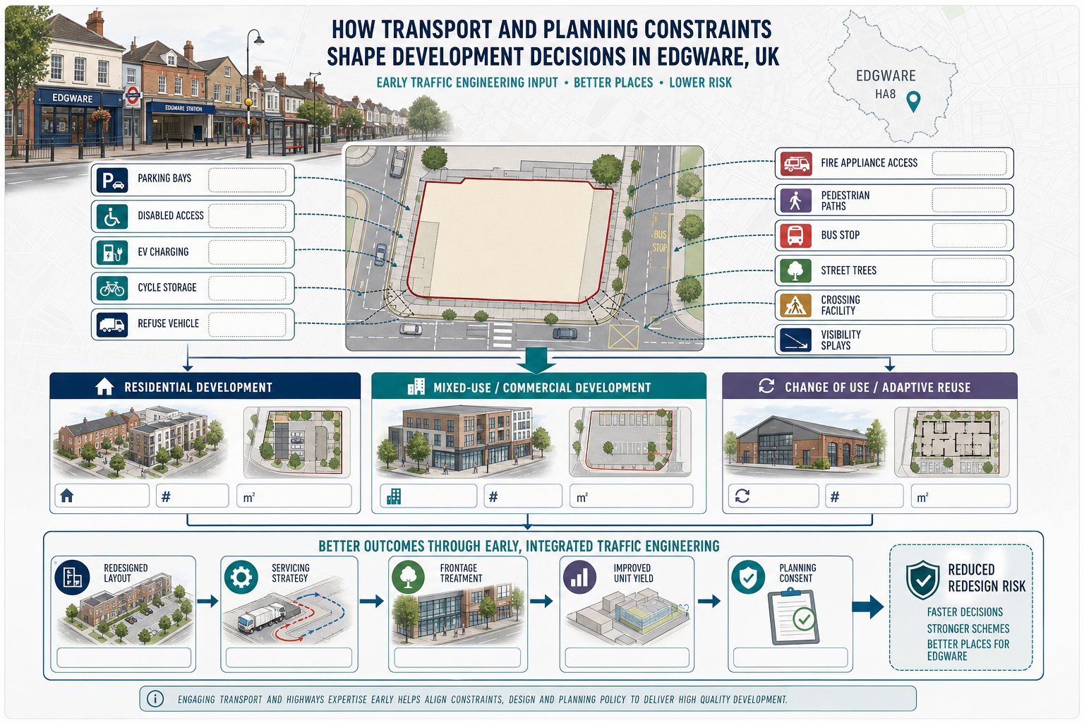 Infographic of Edgware development shaped by parking, access, servicing and planning constraints.