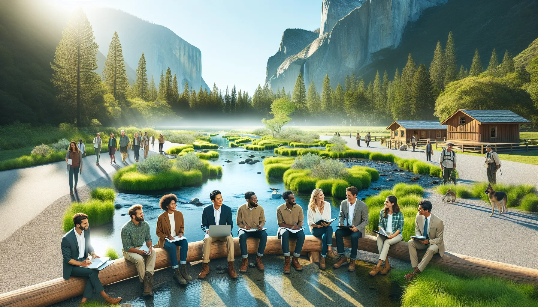 diverse conservation team discussing in a national park setting.