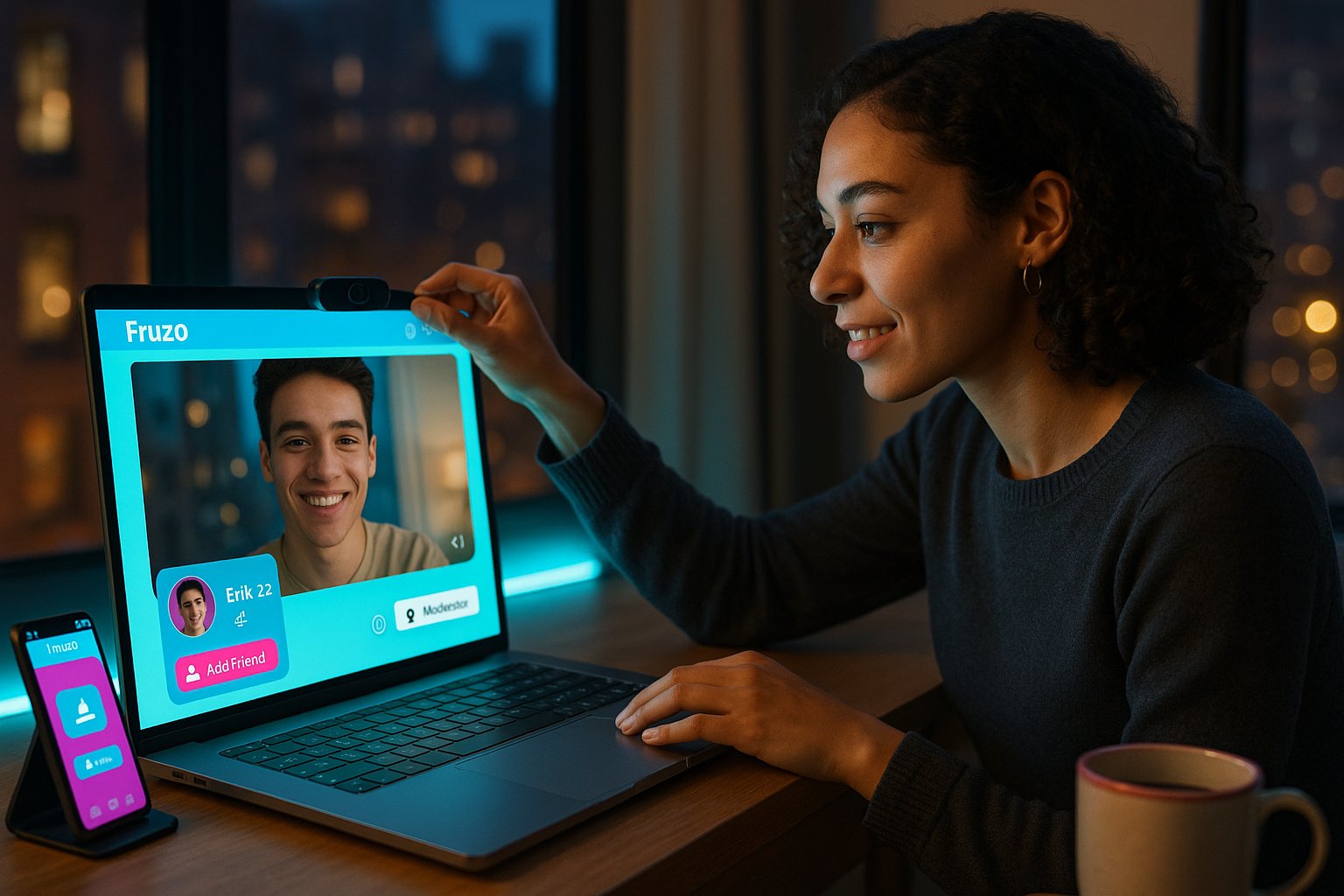 Young woman using laptop for a Fruzo-style one-on-one video chat.