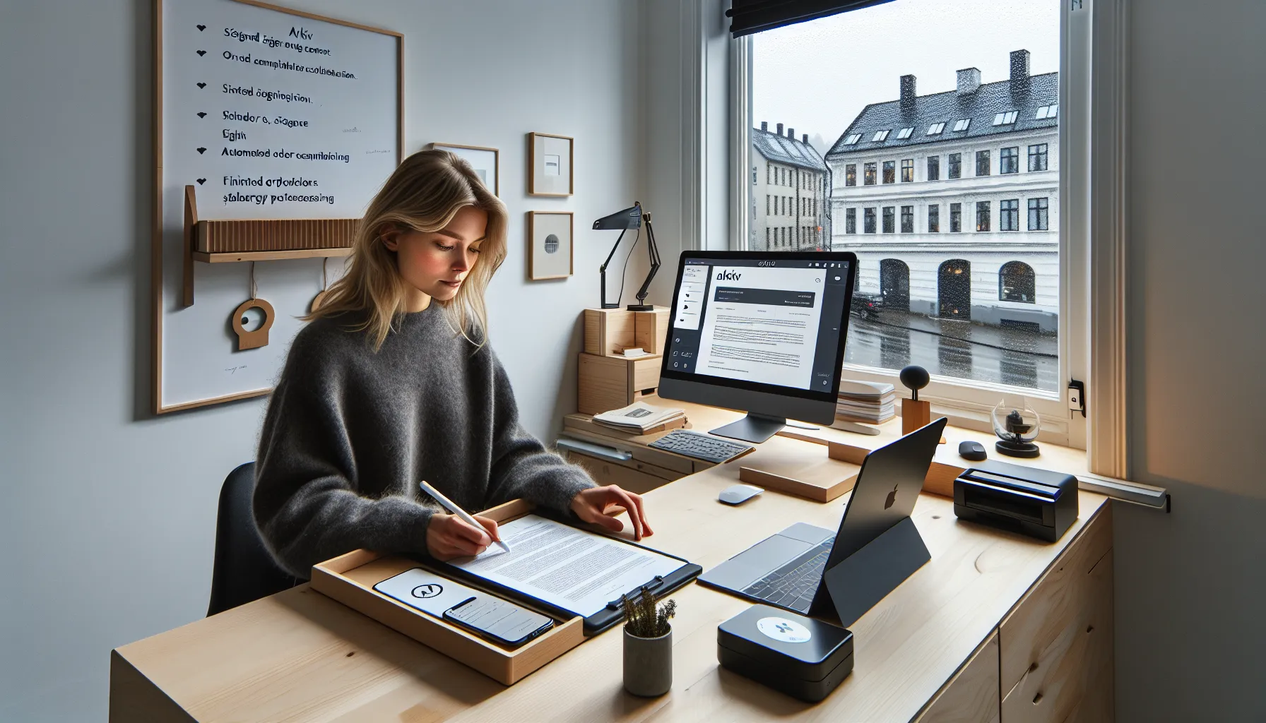 Norwegian small business owner e-signs a document with mfa in a minimalist office.