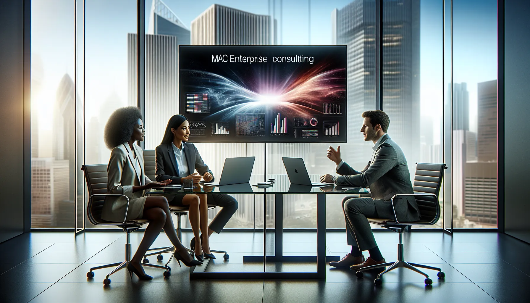 diverse consulting team collaborating in a modern conference room.