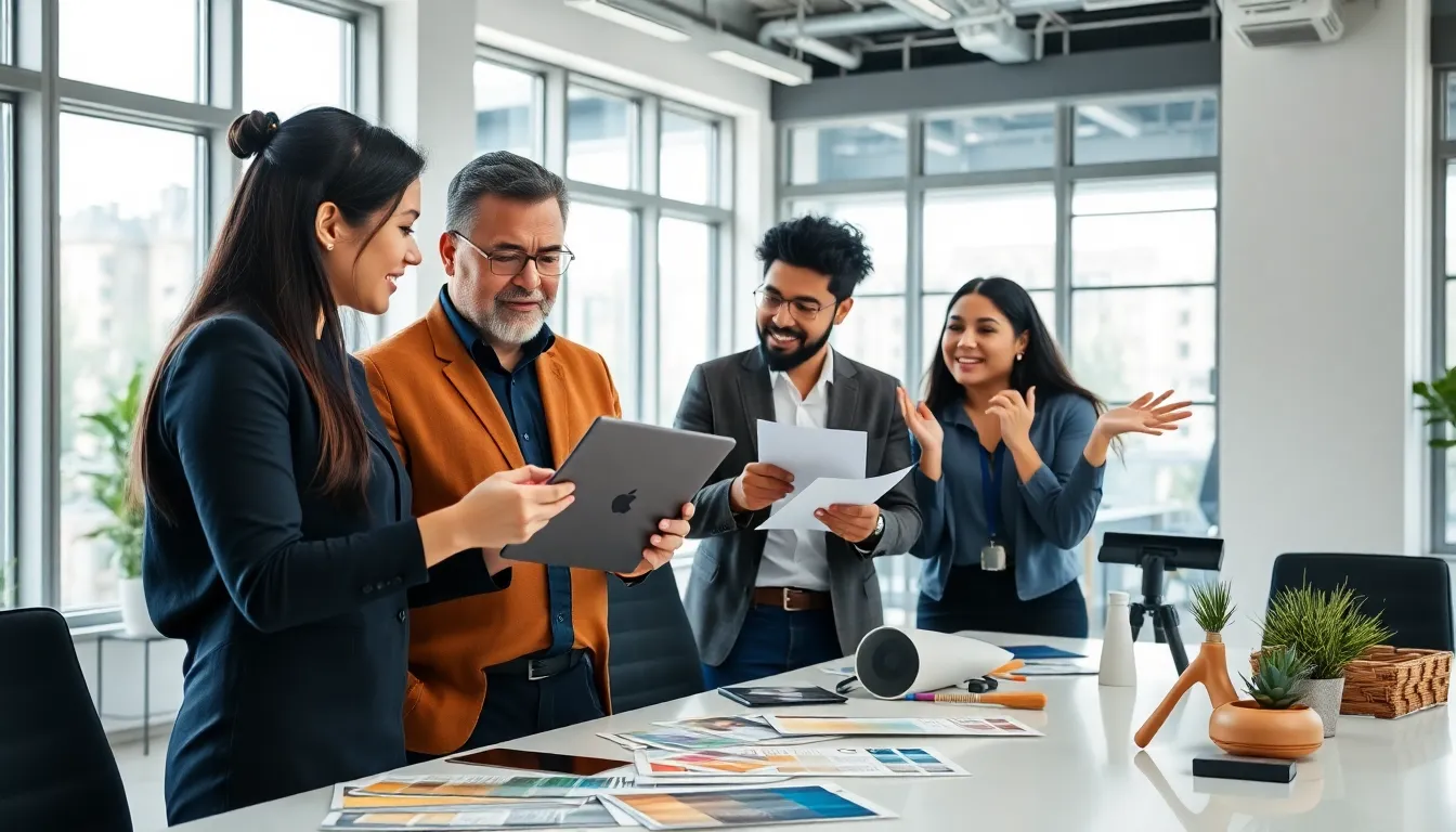 diverse professionals discussing home improvement ideas at a modern workspace.