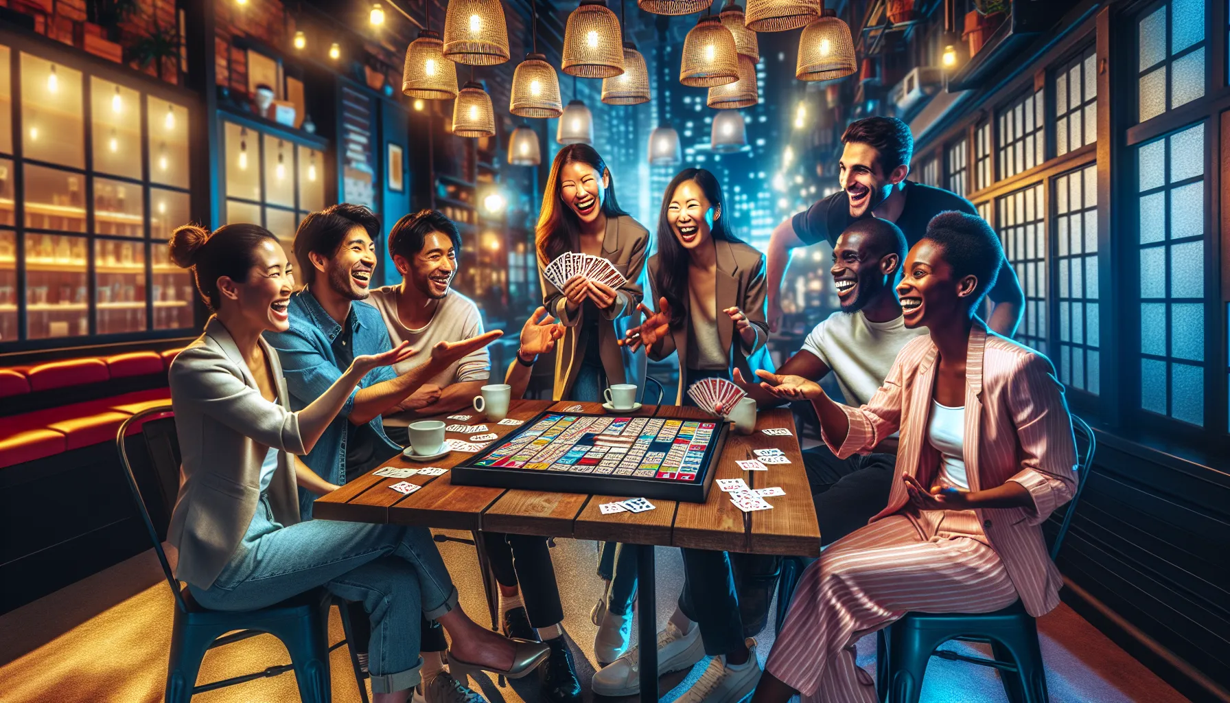 diverse group playing s&agrave;tamatka in a lively caf&eacute;.