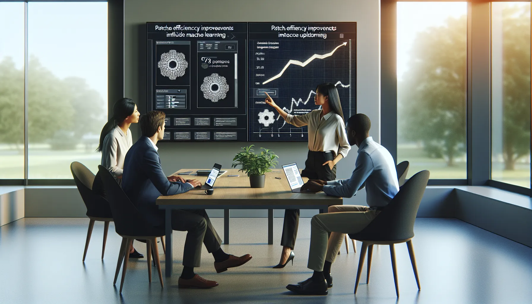 IT professionals discussing software patching in a modern office.