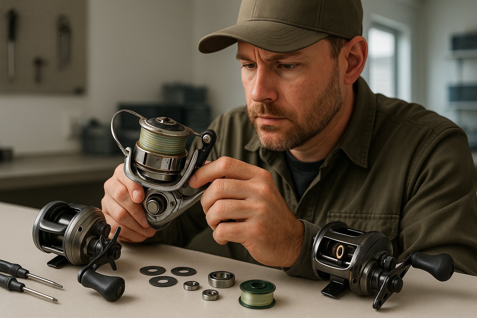 Fishing reel setup being inspected for upgrade parts on a clean workbench.