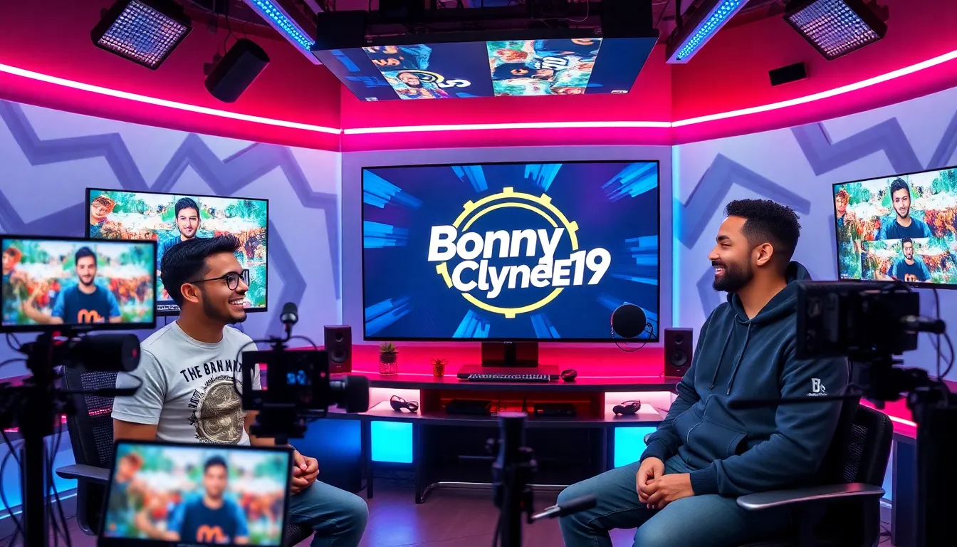two hosts engaging in a vibrant streaming studio.