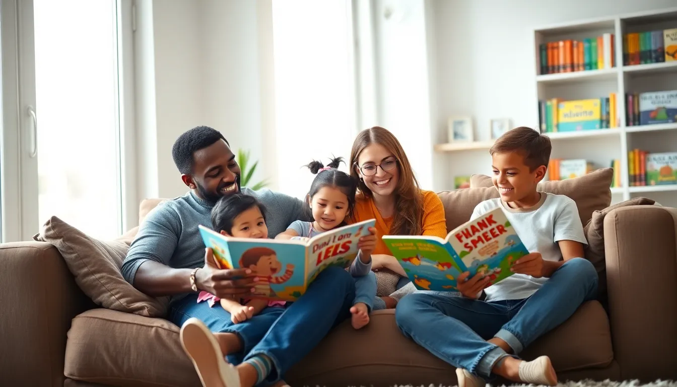 family reading together in a cozy living room.