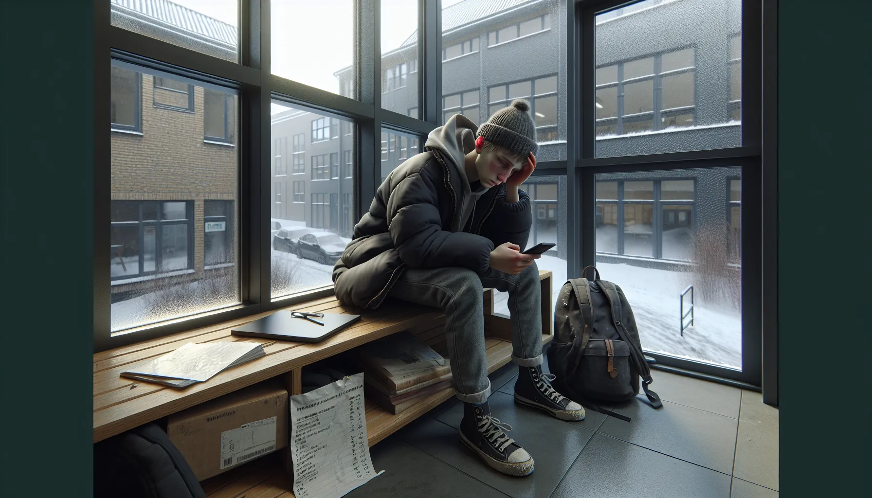 Norwegian student looking stressed, phone in hand, with a pusterom support poster nearby.