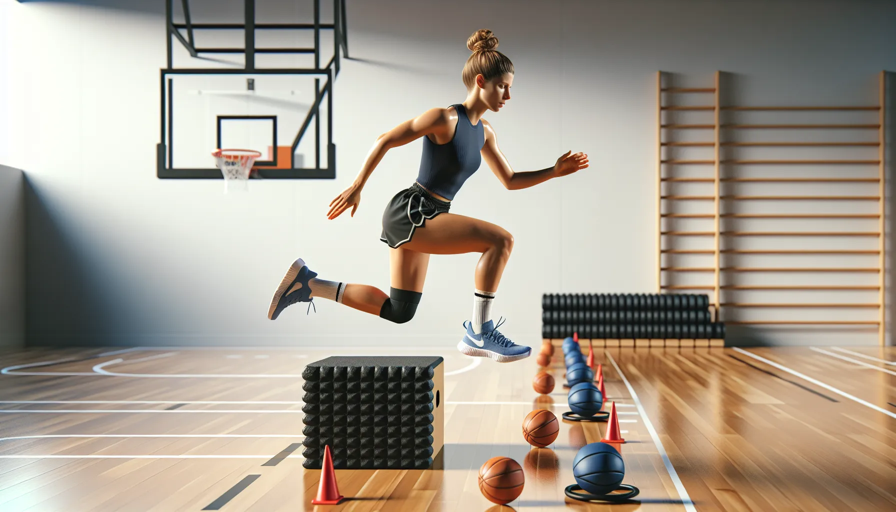 Female athlete practicing soft drop landing in a norwegian basketball gym warm-up.