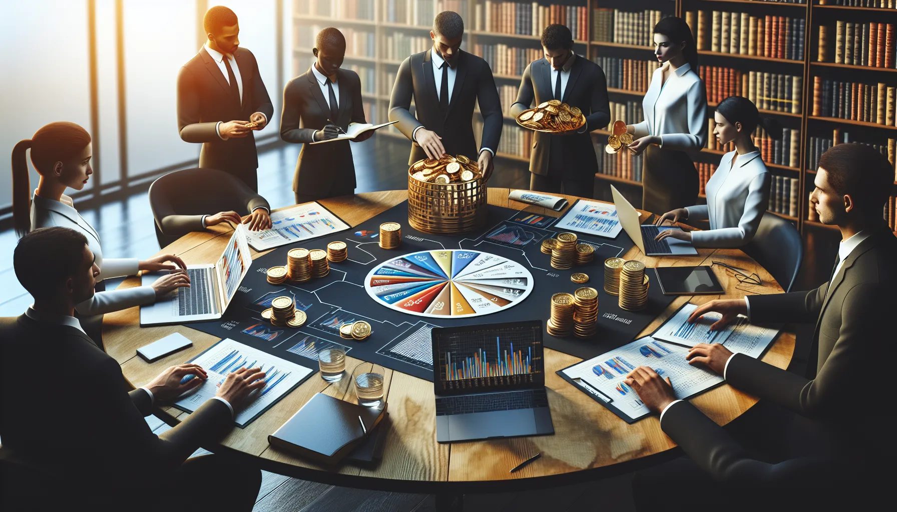 A corporate table with dividend charts and financial reports being discussed.
