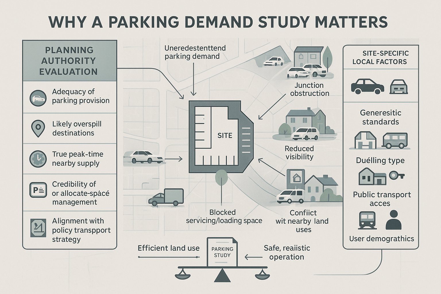Infographic showing why parking demand evidence supports UK planning decisions.