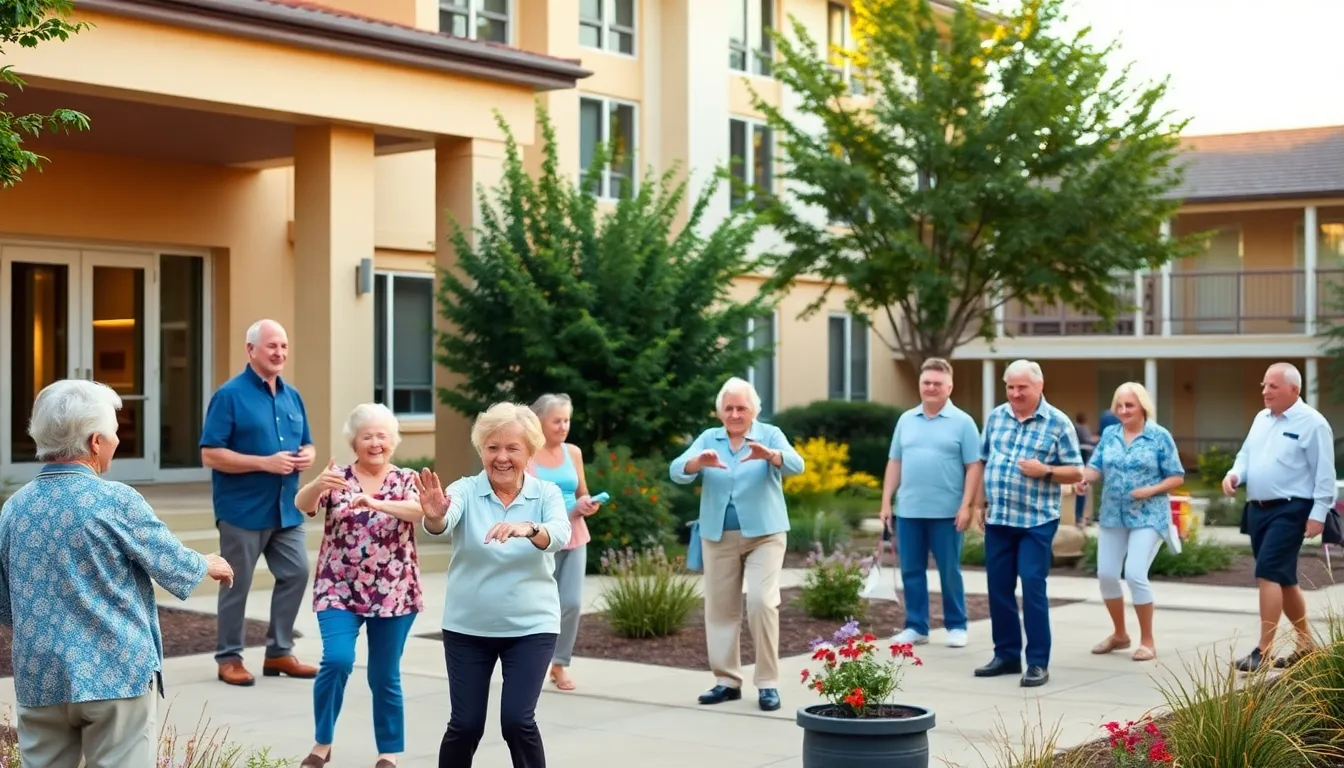 welcoming retirement home with active seniors in a garden setting.