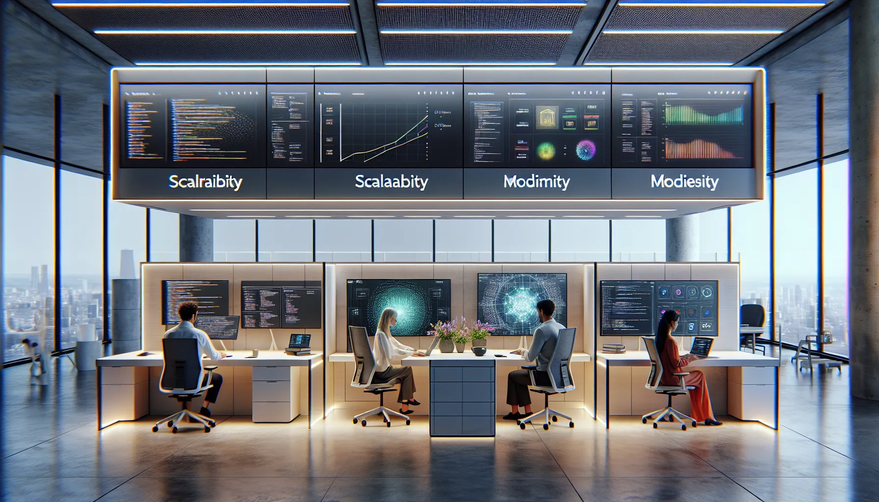Three distinct workstations depict scalable, individual, and advanced solutions in a modern office.