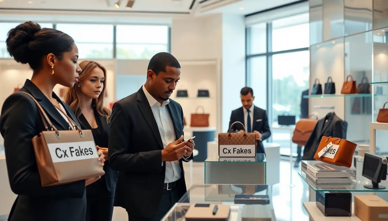 professionals examining counterfeit products in a modern retail environment