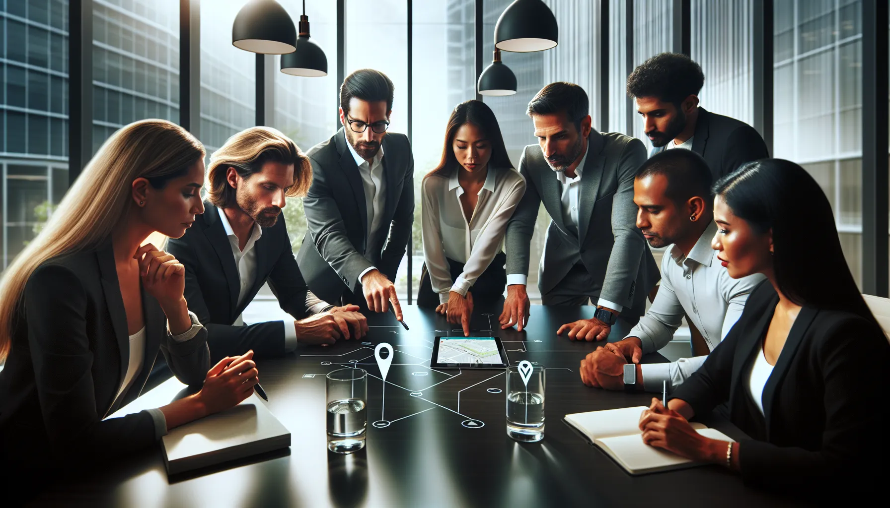 professionals discussing location-sharing apps in a modern office.