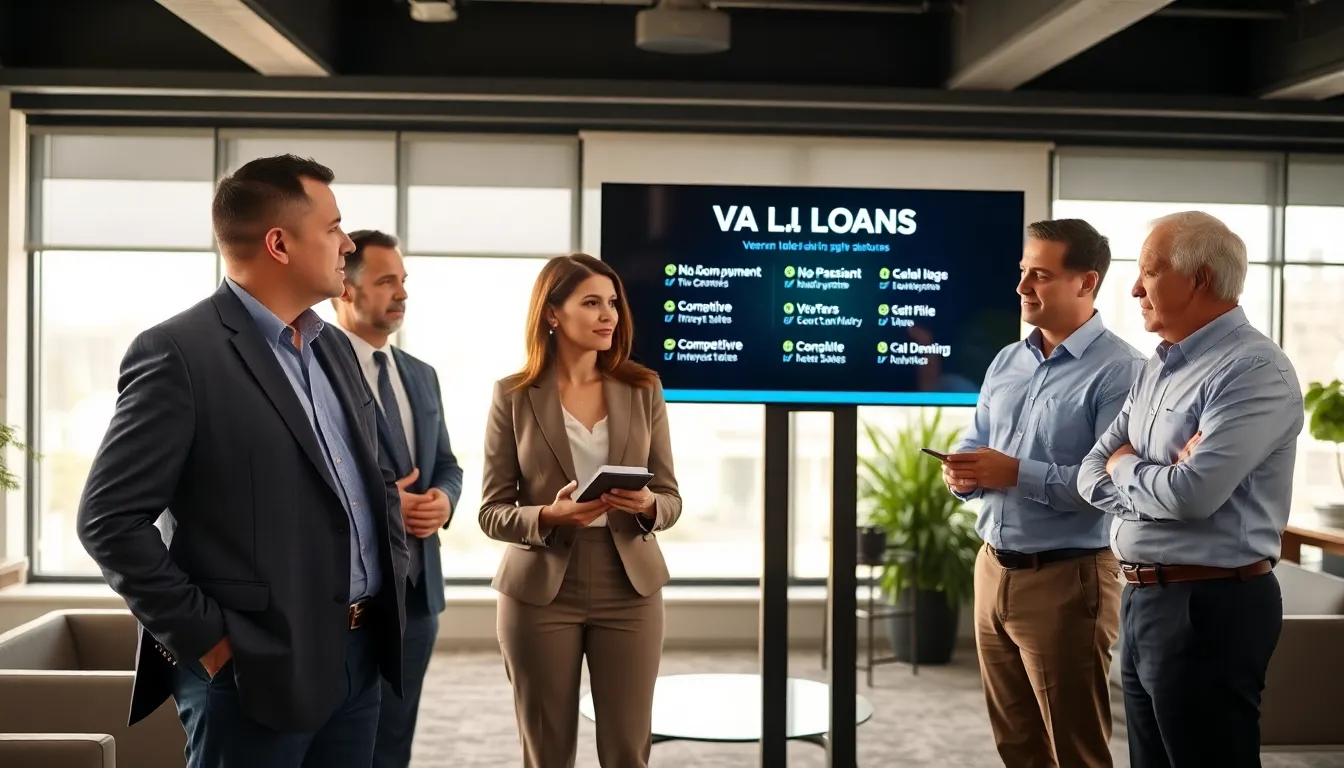 diverse professionals discussing VA loans in a modern office.